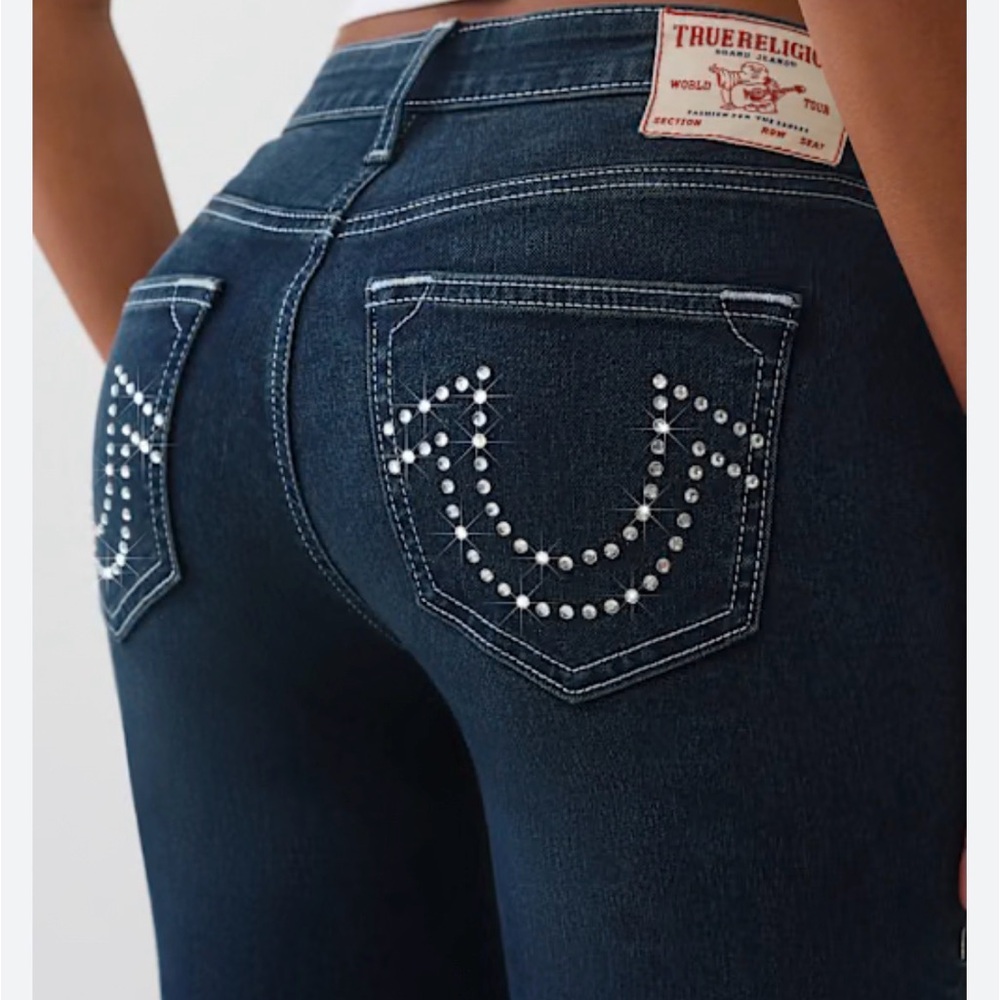 True Religion Jennie Mid Rise Crystal Skinny Jean Dark Mountainside Wash 30